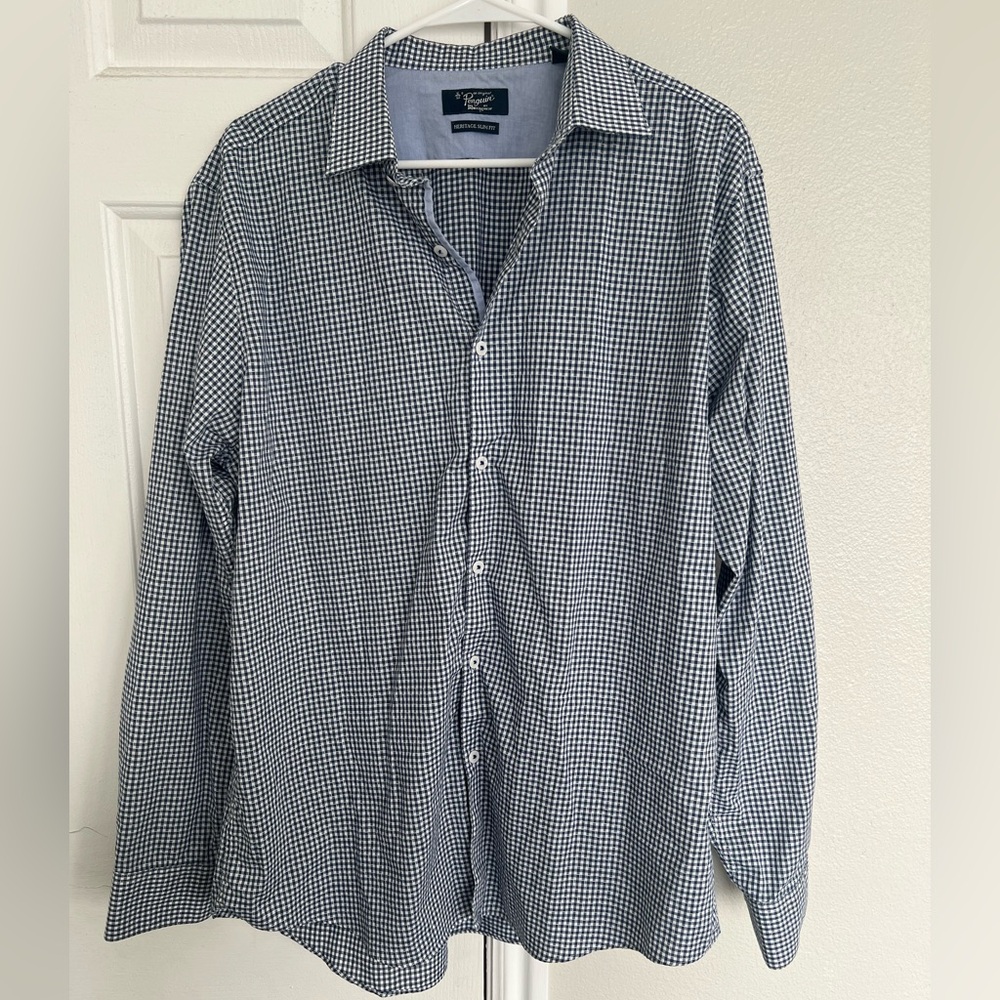 Penguin Original Men’s Classic Check Blue Button Down Top Long Sleeve Slim Fit